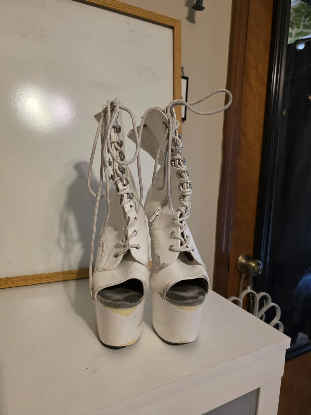 Heavily Worn White Peep-Toe Platform Pleaser Boots